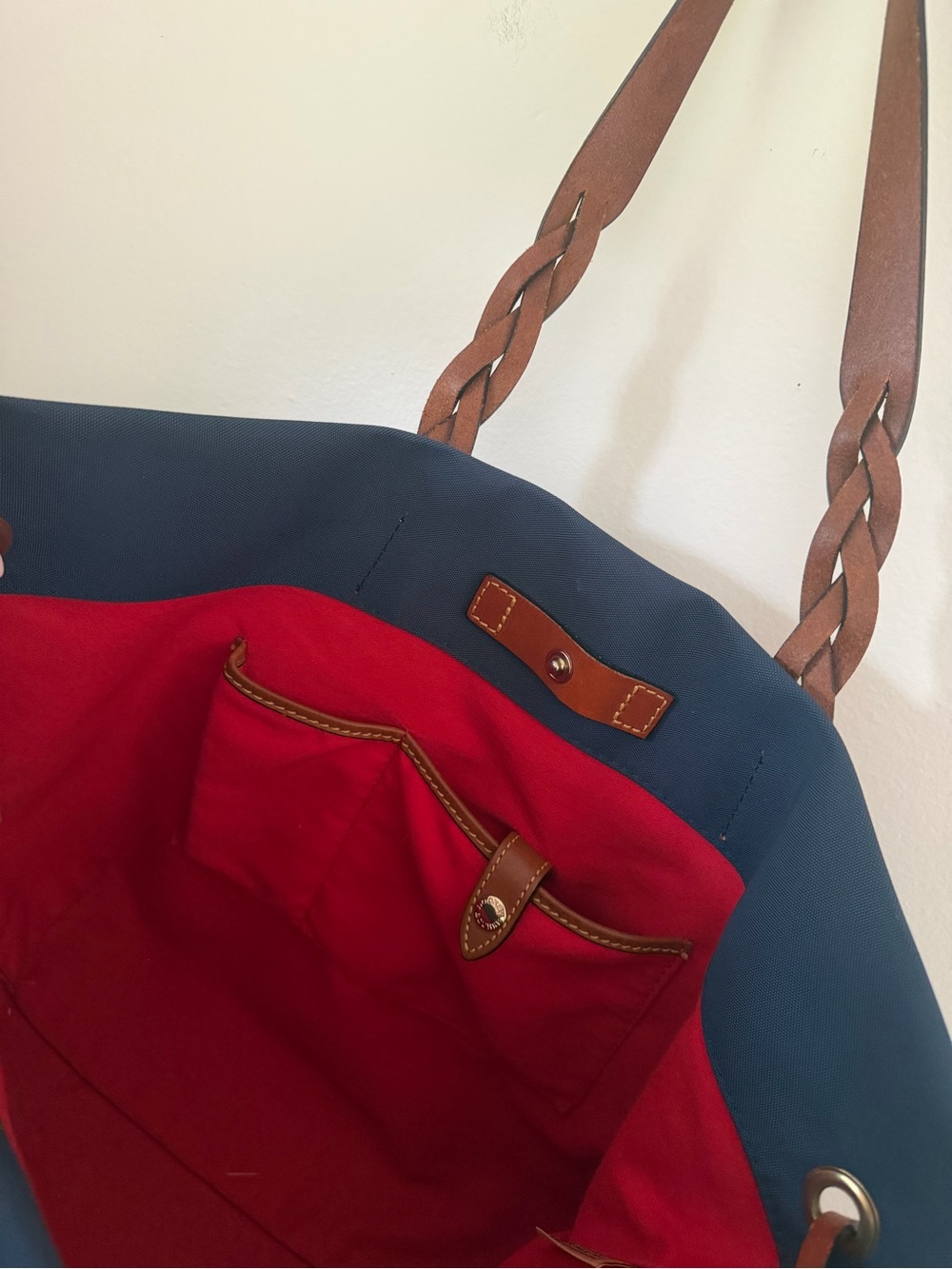 Dooney & Bourke Nylon Shopper Tote Navy Vacchetta Leather Braided Shoulder Bag - Picture 7 of 11